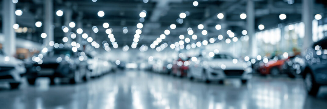  Unscharfer Hintergrund eines modernen Autohauses mit Bokeh-Licht. Breites Panorama-Banner f&uuml;r Web-Header. Generative KI