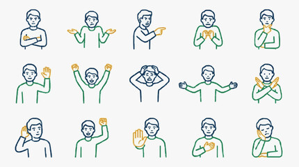 Fototapeta premium Minimalist Line Drawing Illustrations of 15 Hand Gestures with Simple Figures in Green and Orange Highlights