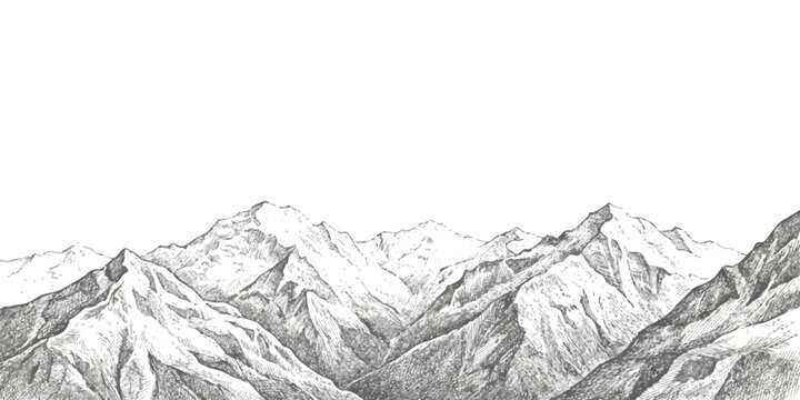 A beautiful black and white sketch drawing of tall snowy mountain peaks with sharp rocky cliff edges nature