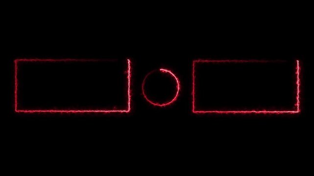 neon glowing geometric rectangle and circle frame. Animation of rectangle glowing neon on black background.