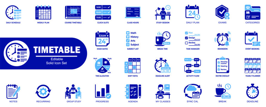 Timetable and schedule management icon set. Collection featuring daily planners, academic course timelines, and task trackers, vector illustrator.