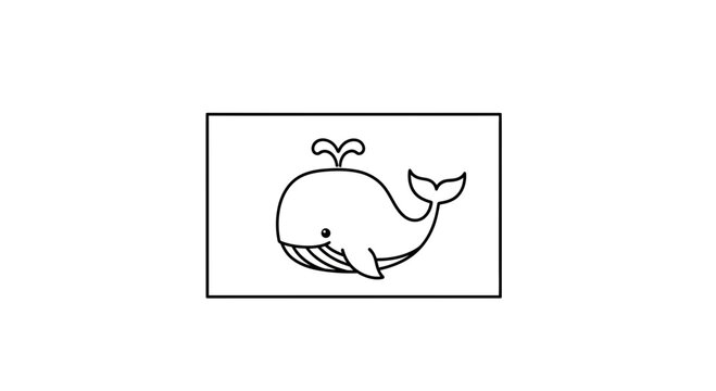 Cute cartoon whale spouting water, simple line art illustration, isolated on white background