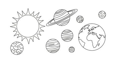 Solar system planets and sun line art for coloring © jord