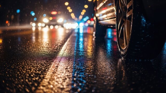 Carro na chuva noturna, reflexos