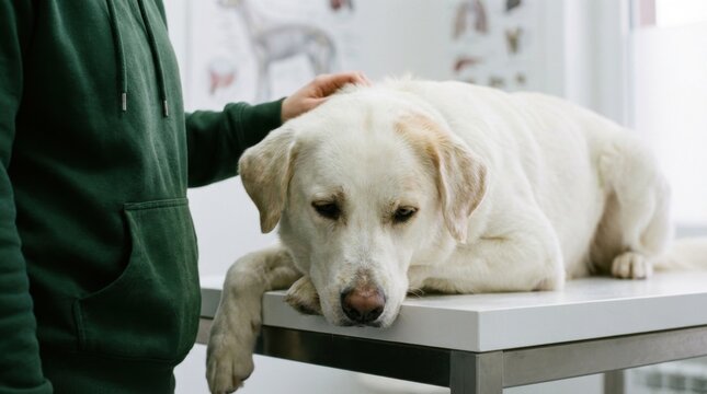 A Labrador Retriever at the Vets Office Being Comforted by Owner.