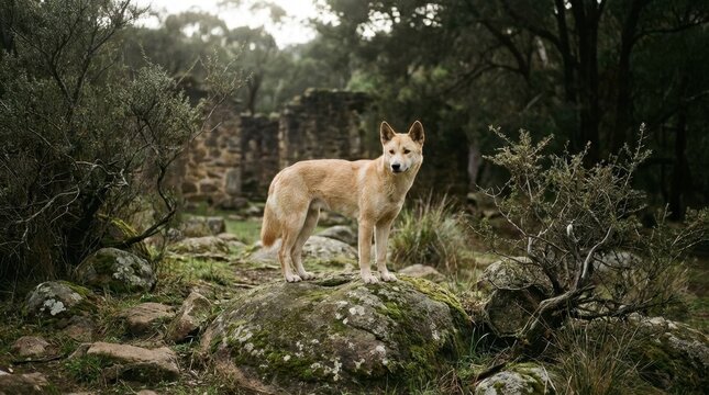 A majestic dingo stands proudly amidst a lush, verdant forest landscape, observing.