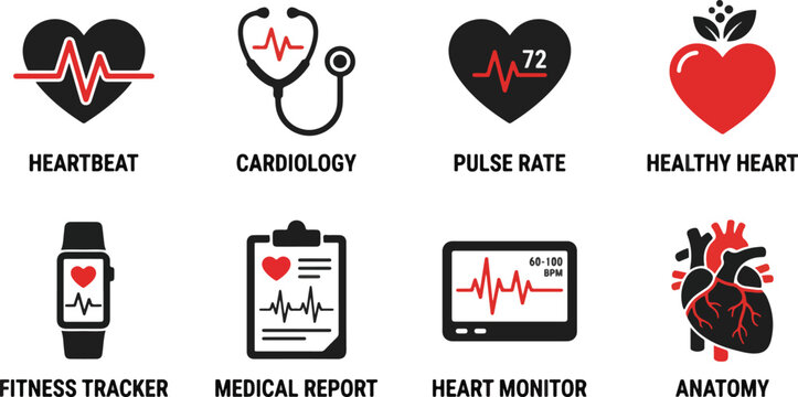 Set of 8 Neat Flat Heart and Cardiology Icons in Red and Black, featuring Heartbeat, Stethoscope, Pulse Rate, Healthy Heart, Fitness Tracker, Medical Report, Heart Monitor, and Anatomical Heart for 20