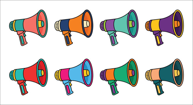 Colorful vector illustration of multiple vintage style megaphones arranged in a grid pattern megaphone loudspeaker