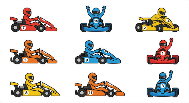 Go kart Racing Pictograms Colorful Flat Vector Illustrations On White Background go kart karting race motorsport