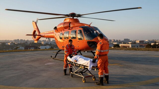 Emergency personnel in orange uniforms transport a patient on a stretcher from an orange medical evacuation helicopter onto a rooftop helipad during sunset.