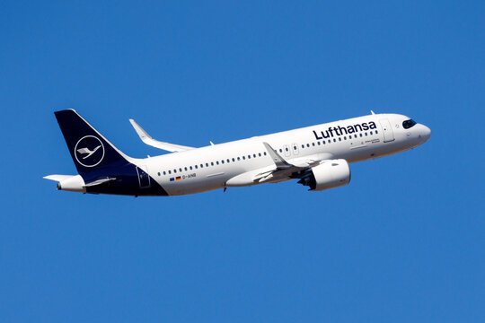 Luqa, Malta - June 20, 2026: Lufthansa Airbus A320-271N (REG: D-AINB) climbing out of runway 13 SID departure.