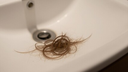Naklejka premium Close up of brownish tangled hair lying near the metal drain of a clean, white ceramic washbasin.