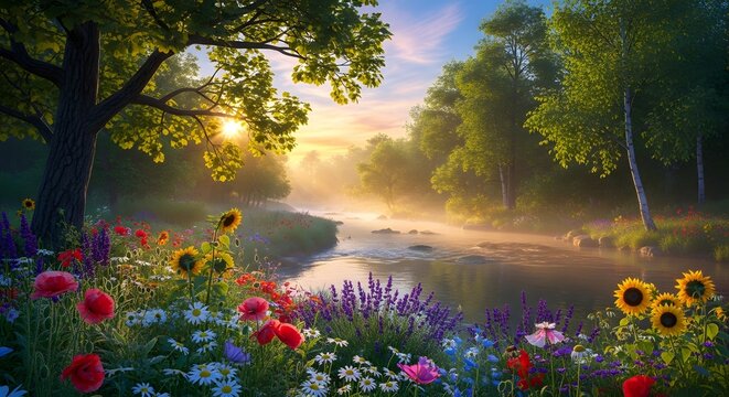 Vibrant river bend at sunrise with wildflowers and lush trees 4K video.
