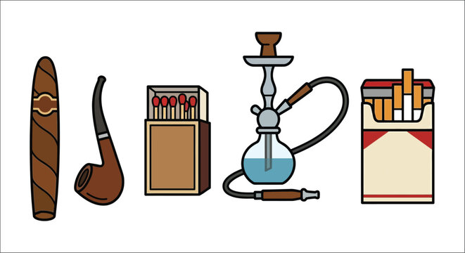 Vector illustration of a cigar pipe matches hookah and cigarette packs against a white background