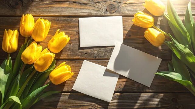 Bright yellow flowers and blank cards on a rustic wooden table