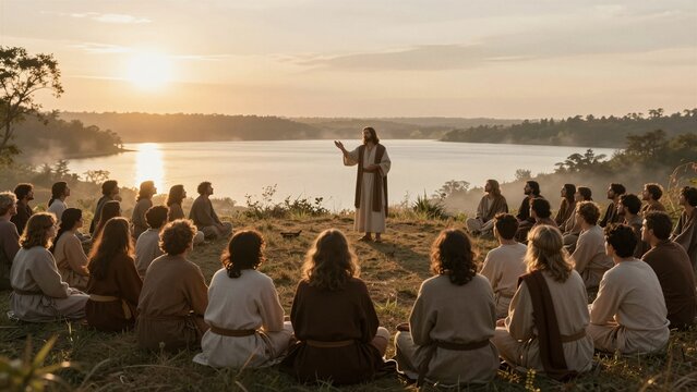 Jesus stands addressing a seated crowd of followers on a grassy hill, with a serene lake and sunset in the background.