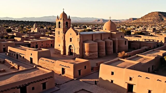 Aerial view of historic adobe mission church in desert village at sunset cinematic footage.