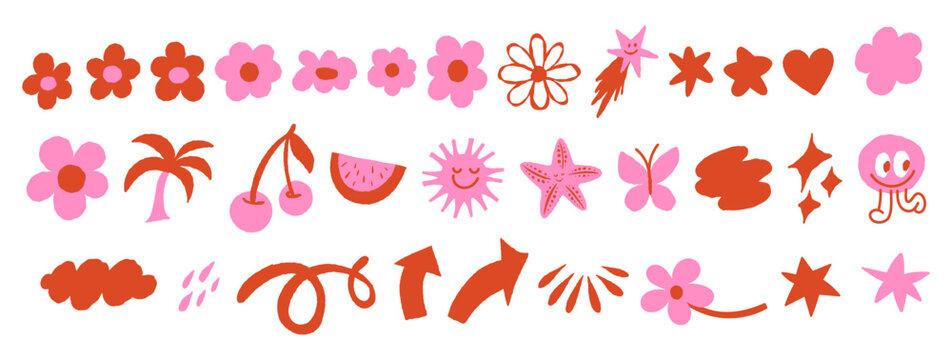 Vector set of stickers, scribbles and doodles in simple linear hand drawn style with copy space, minimal monoline design elements for posters, social media, print, banners