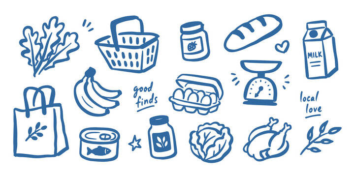 Grocery Shopping and Local Food Doodle Set Vector Illustration