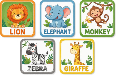 Obraz premium Cute jungle animals flashcard collection