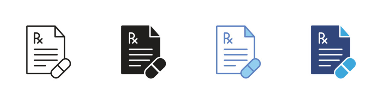Medical prescription icon set, Pharmacy Rx symbols, Medication capsule vector icons, Healthcare prescription form signs, Medical document vector icons