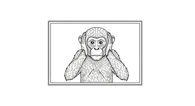 Chimpanzee Covering Ears, Illustration of 'Hear No Evil' concept