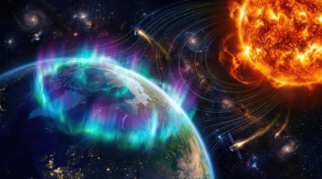 Earth experiences powerful geomagnetic storm, intense solar flare energy impacting its protective magnetosphere, causing vibrant aurora borealis display, satellite communication interference.
