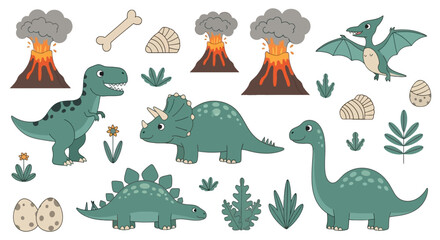Prehistoric dinosaur and volcano collection for kids © jikri