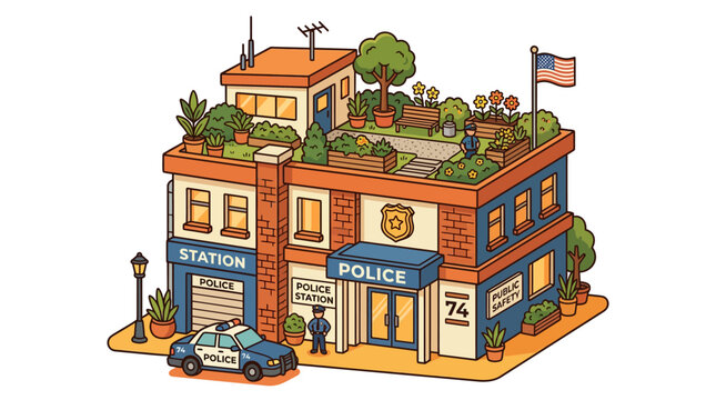 Charming Cartoon Police Station with Rooftop Garden and Patrol Car