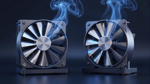 Two modern cooling fans with metallic blades and heat sinks emit blue smoke, symbolizing active thermal management in a tech setting.