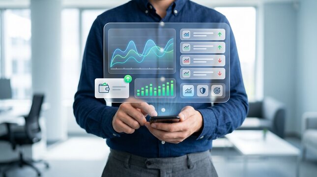 A person using smartphone with digital financial analytics and stock market data hologram interface, notification in modern office