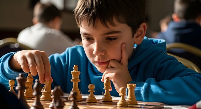 Focused young boy playing chess and thinking deeply about his next strategic move