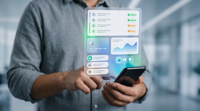 Man using smartphone with digital interface showing financial data, transaction status, and analytics for online banking and investment management, ui interactions