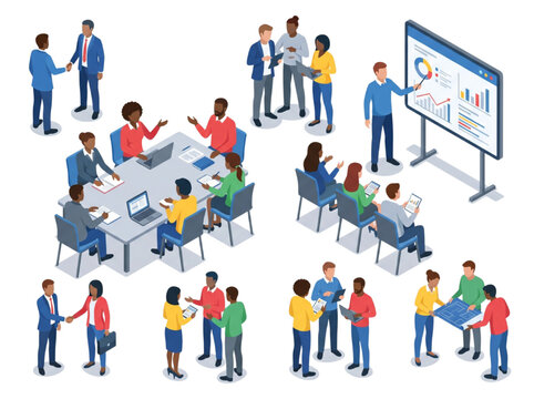 Diverse Business Team Professionals Collaborating on Corporate Projects and CAD Blueprint Analysis in Modern Isometric Office Environments