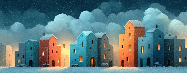 Whimsical Snowy Village Scene with Colorful Buildings Under Starry Night Sky and Warm Light Glowing Through Windows in Winter Landscape © narupon