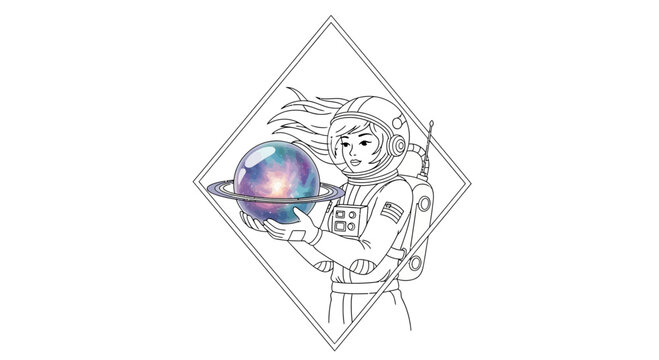Astronaut holding a glowing planet with rings, framed in a diamond shape, digital art