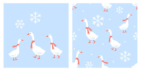 Fototapeta premium Cute winter goose seamless pattern with red scarves and snowflakes on pastel blue background, charming holiday bird illustration for nursery, fabric and seasonal decor.