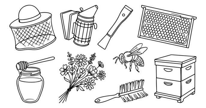 Beekeeping tools vector set, essential apiary equipment, honey production supplies, bee farm accessories, black and white line art illustrations for agricultural and nature projects