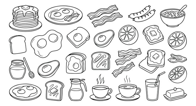 Delicious breakfast food vector icon set, hand-drawn morning meal elements, brunch menu illustrations, and healthy eating graphics for restaurant design and digital projects
