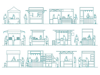 Architectural CAD blocks showing line drawing elevations of street food stalls, market kiosks, and vendors with people © Tom