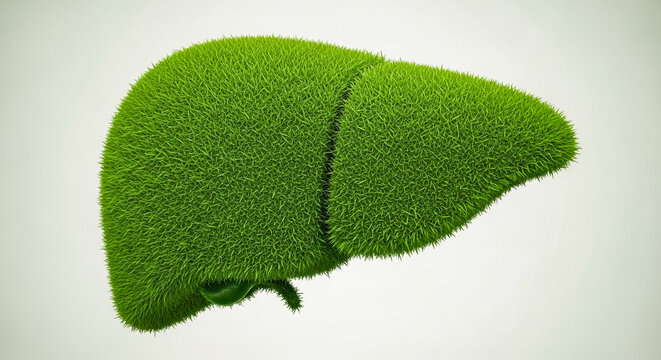 Human liver organ covered in vibrant green grass blades representing healthy natural organ function in a conceptual artistic style isolated against a clean neutral light grey studio background for med