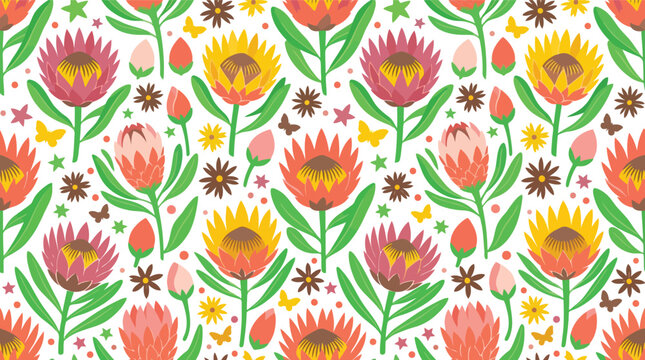 Seamless colorful protea flower pattern with leaves and butterflies on white background