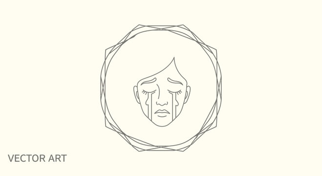 Sad Woman Crying Tears of Sorrow, Emotional Distress, Abstract Geometric Frame