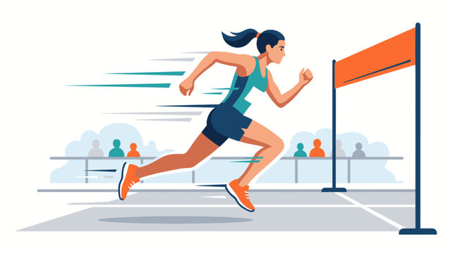Dynamic vector illustration of a female sprinter running towards the finish line during a competitive track and field race