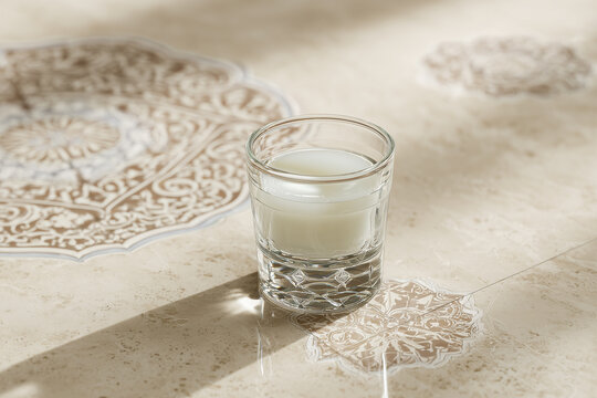 Traditional arak served in a clear glass. Minimalist Middle Eastern beverage scene with elegant light, cultural heritage, and authentic anise spirit 