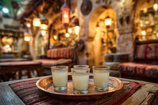 Traditional Middle Eastern arak served in small glasses on a copper tray inside an authentic Arabic caf&eacute;. Cloudy anise-flavored spirit presented in a warm cultural setting 