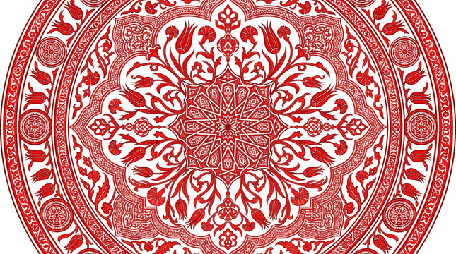 Red and White Turkish Ceramic Vector Art with Traditional Ottoman Floral Mandala Pattern for Decorative Design