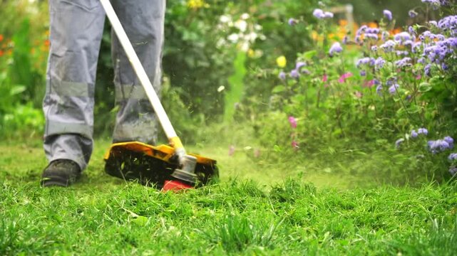 Gardener mows vibrant green lawn with trimmer. Blurred grass clippings fly upward from cutting path. Colorful flowers bloom behind the freshly cut grass