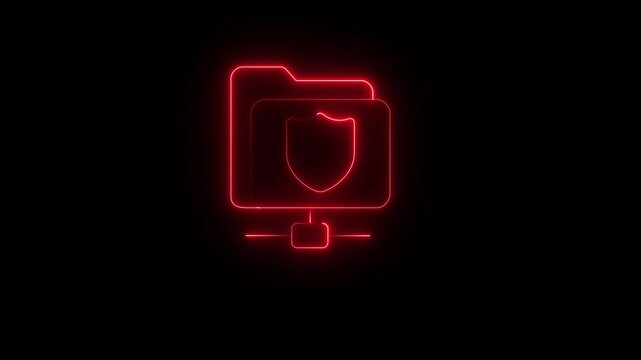 Data file with padlock showing concept animated icon of secure folder, data security vector ,Neon laptop displaying secure document encryption digital technology..4K.