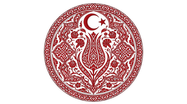 Traditional Turkish Ceramic Style Vector Art Featuring Crescent Moon Star and Floral Tulips Ornament in Red and White